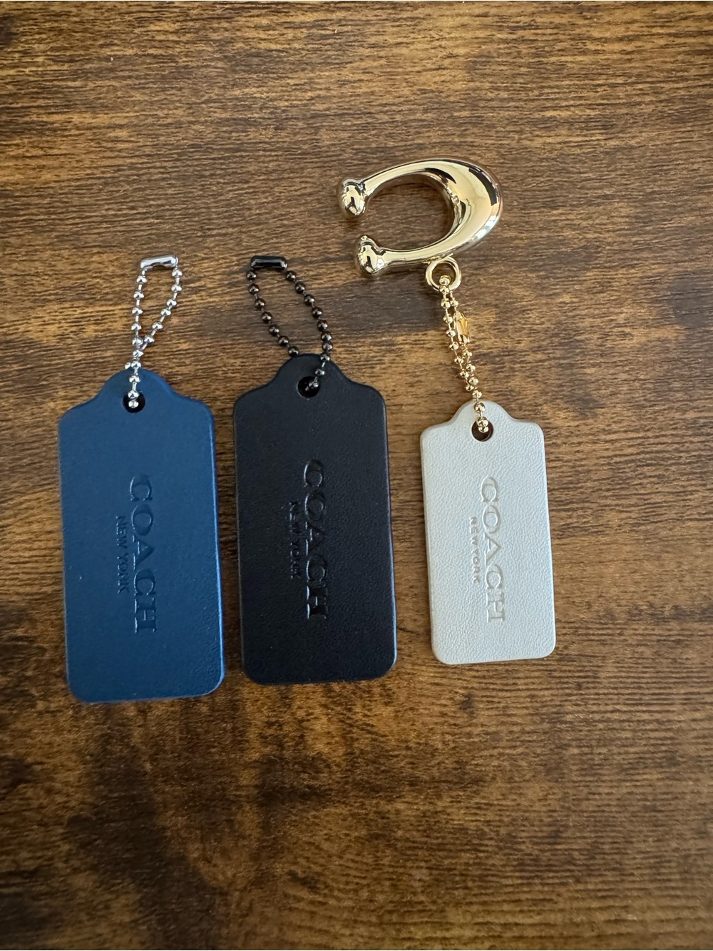 Coach Leather Hangtag Keychain Bundle- Navy, Black & white with Gold C Charm